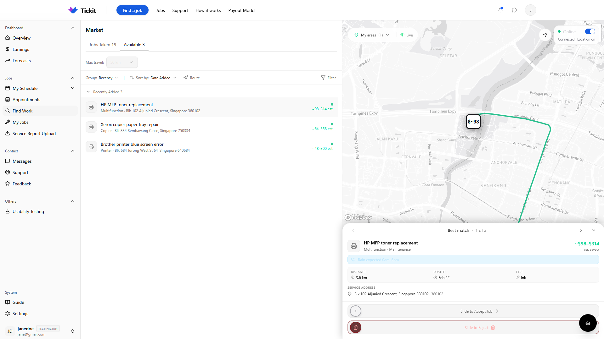 Technician marketplace with live map and nearby available job listings
